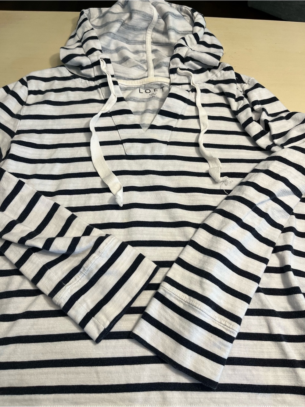 LOFT Navy and White Striped V-Neck Hooded Sweater